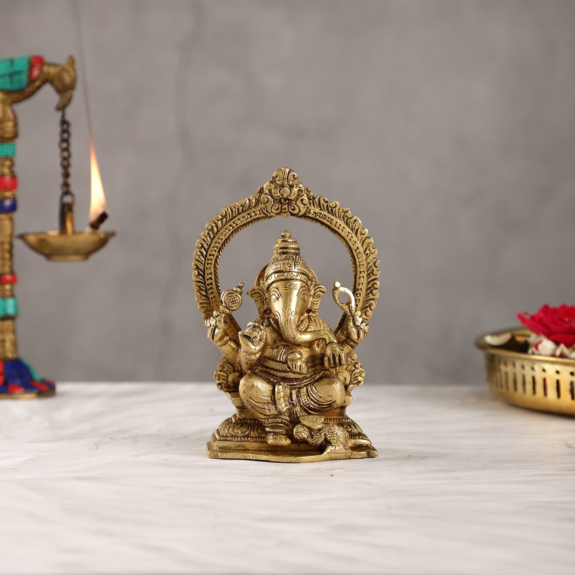 Superfine Brass Ganesha Statue with Prabhavali Frame - 5 inch