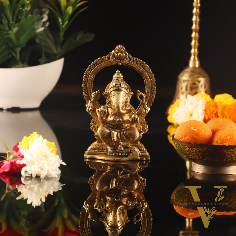 Superfine Brass Ganesha Statue with Prabhavali Frame - 5 inches