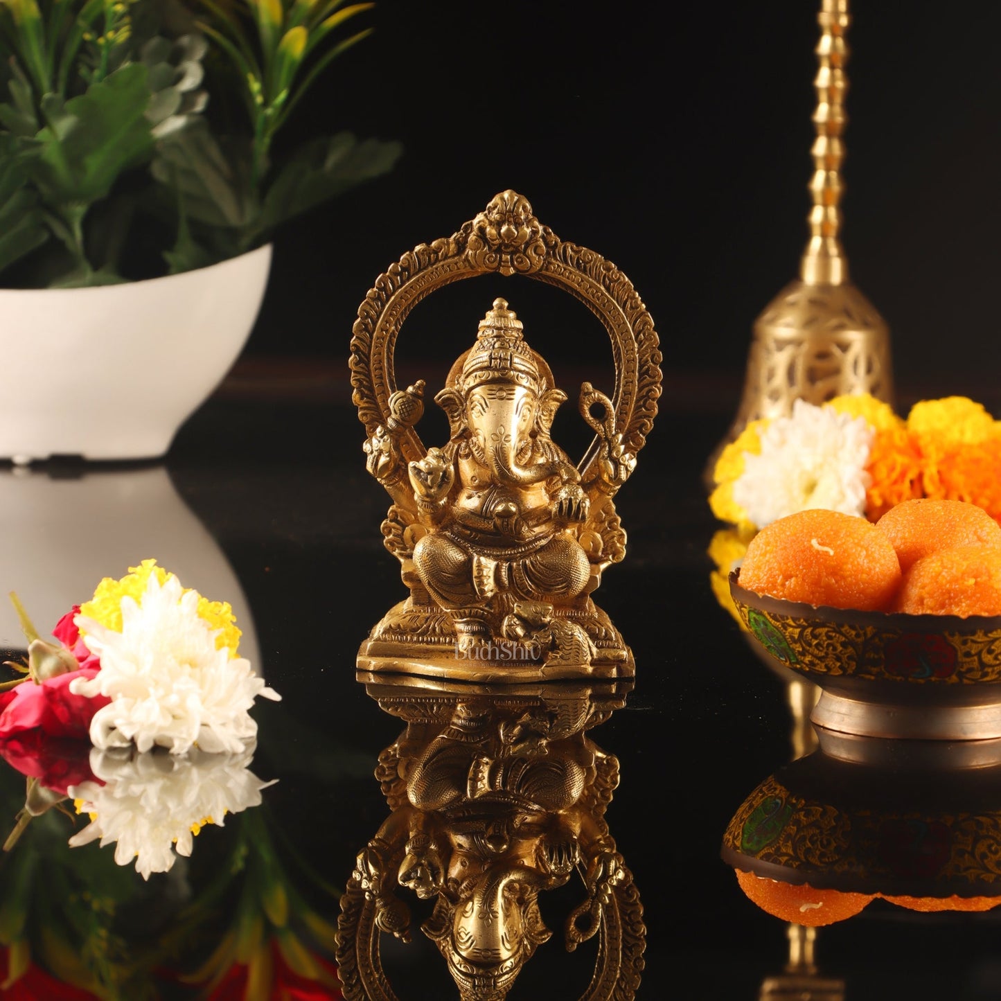 Superfine Brass Ganesha Statue with Prabhavali Frame - 5 inches