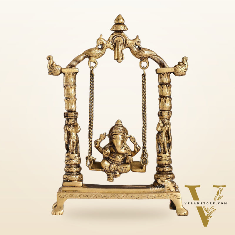 Superfine Brass Ganesha Swing with Engraved Pillars | Height 12 inch