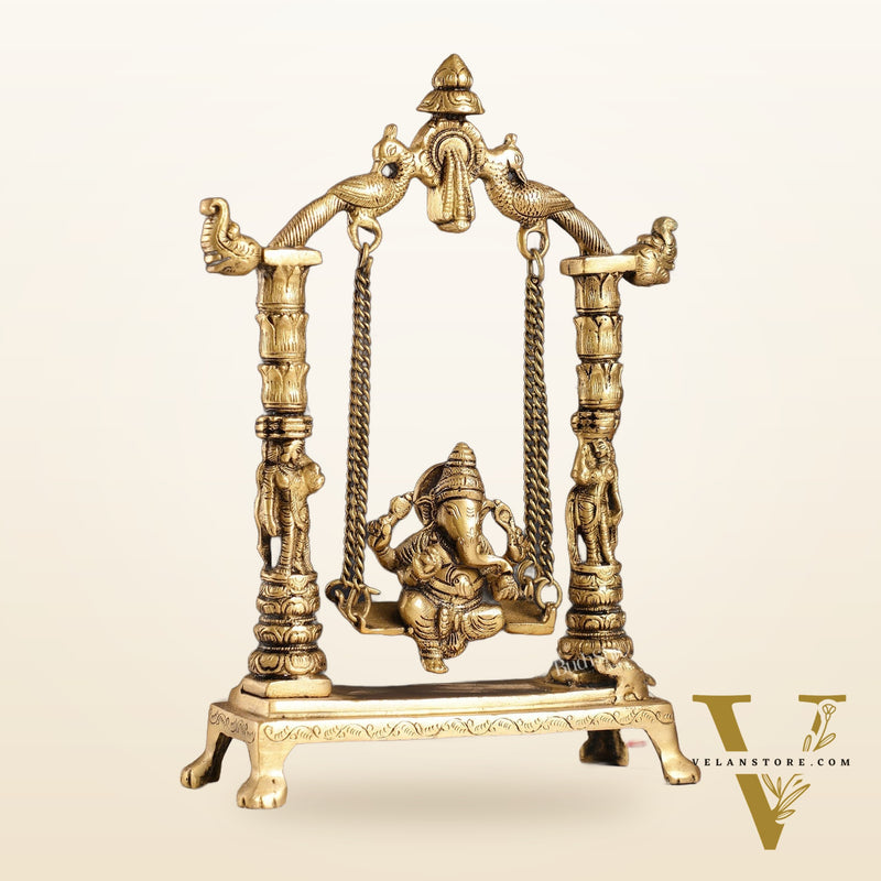 Superfine Brass Ganesha Swing with Engraved Pillars | Height 12 inch