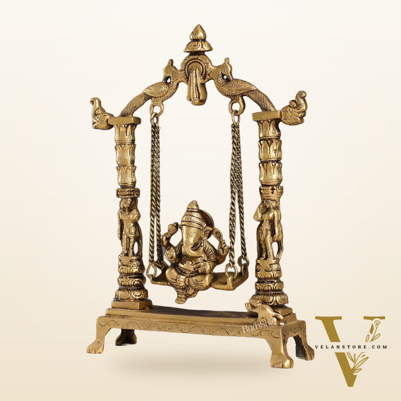 Superfine Brass Ganesha Swing with Engraved Pillars | Height 12 inch