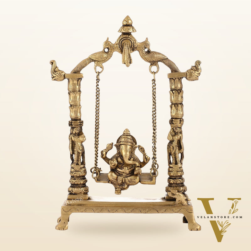 Superfine Brass Ganesha Swing with Engraved Pillars | Height 12 inch