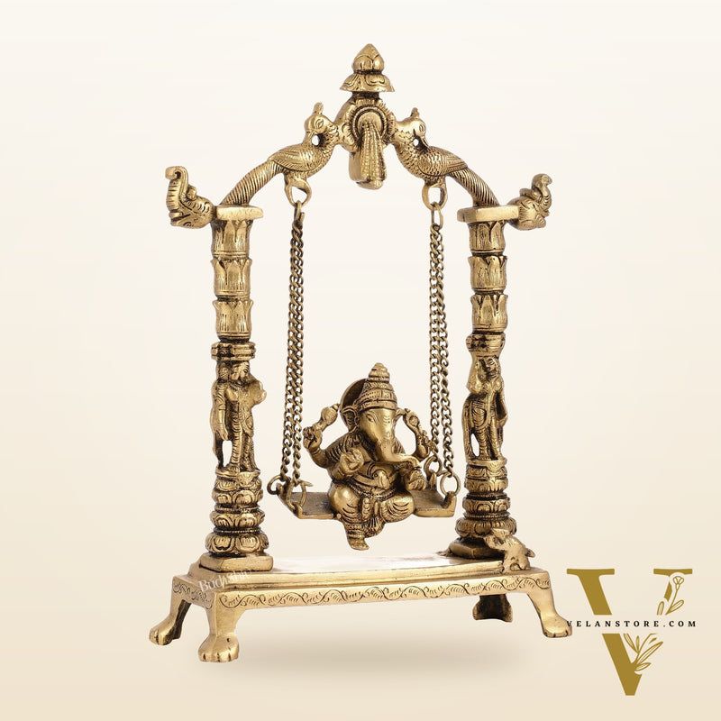 Superfine Brass Ganesha Swing with Engraved Pillars | Height 12 inch