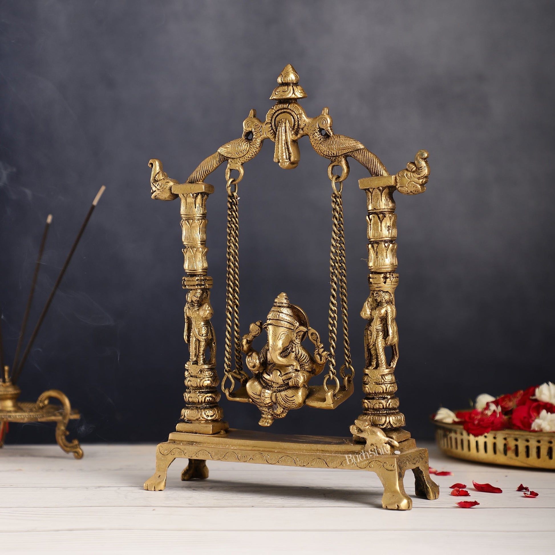 Superfine Brass Ganesha Swing with Engraved Pillars | Height 12 inch