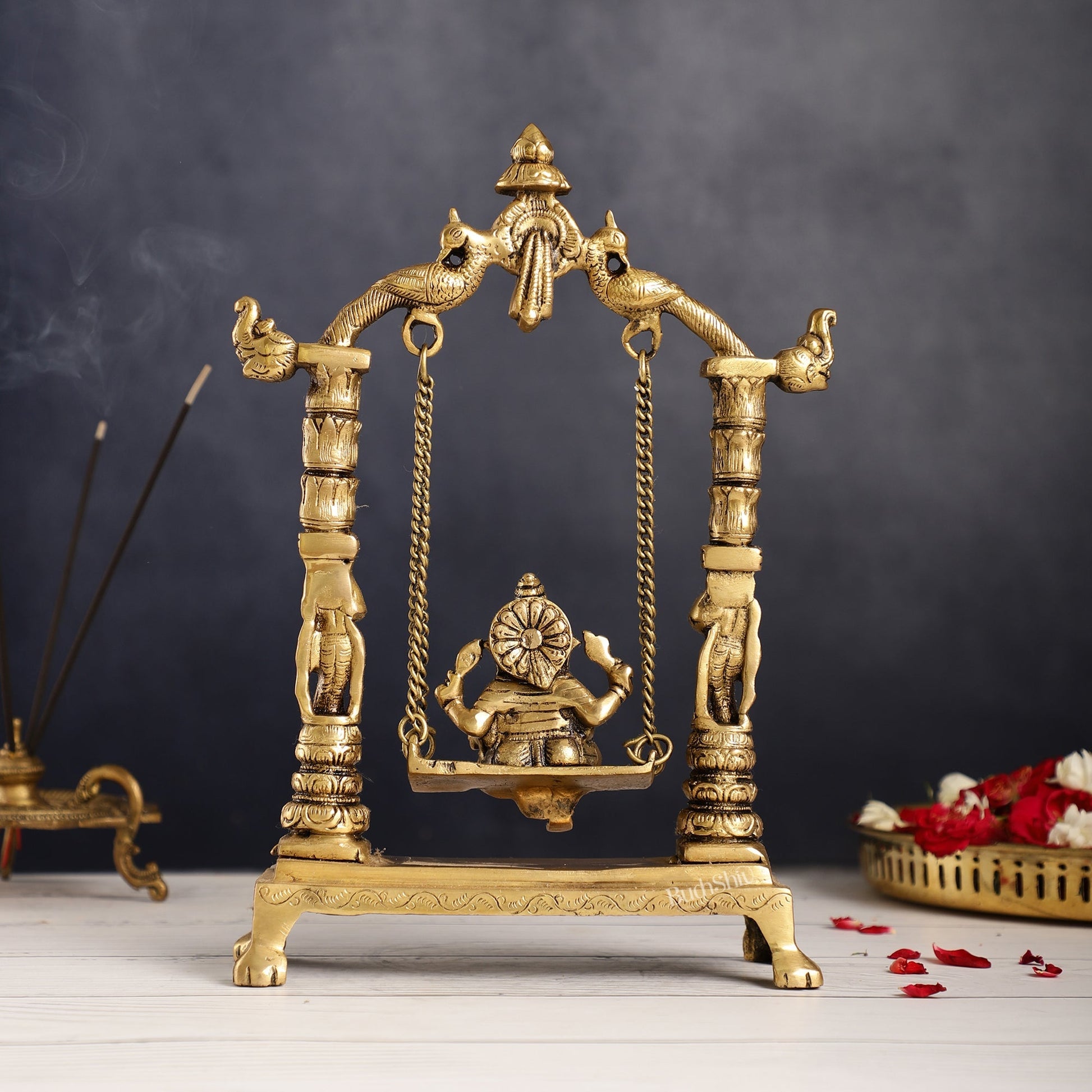 Superfine Brass Ganesha Swing with Engraved Pillars | Height 12 inch