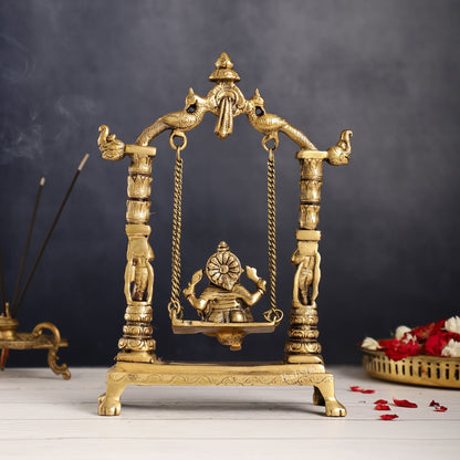 Superfine Brass Ganesha Swing with Engraved Pillars | Height 12 inch