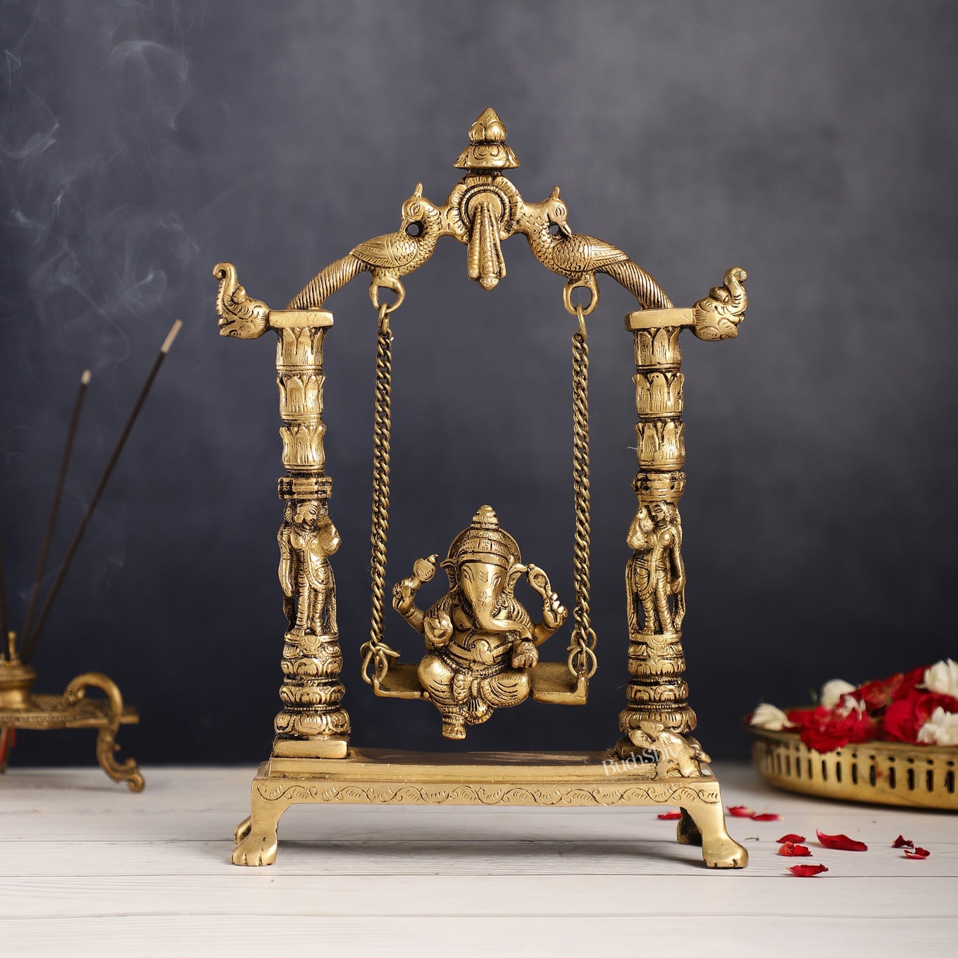 Superfine Brass Ganesha Swing with Engraved Pillars | Height 12 inch