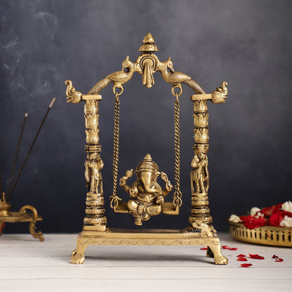 Superfine Brass Ganesha Swing with Engraved Pillars | Height 12 inch