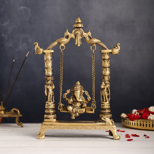 Superfine Brass Ganesha Swing with Engraved Pillars | Height 12 inch