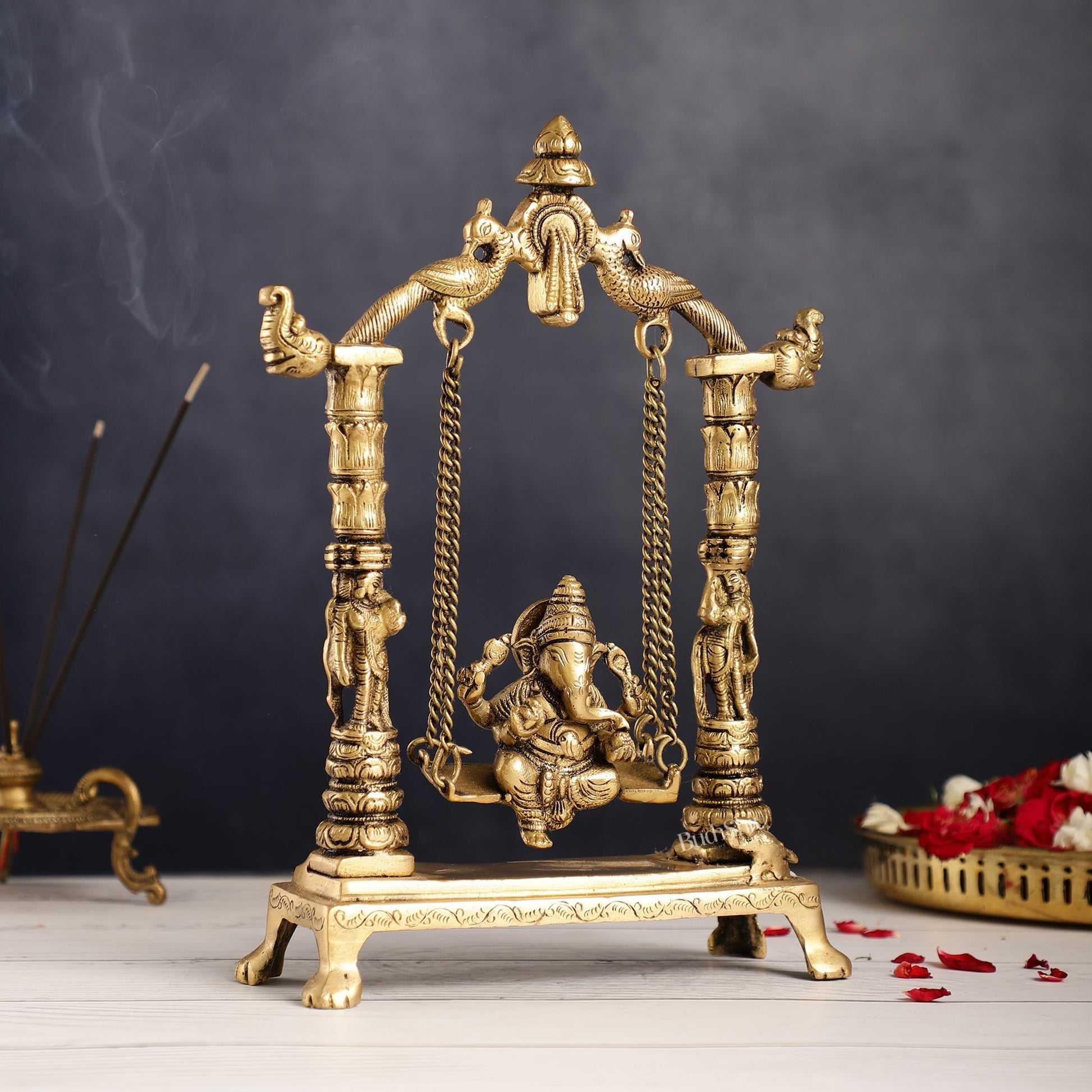 Superfine Brass Ganesha Swing with Engraved Pillars | Height 12 inch