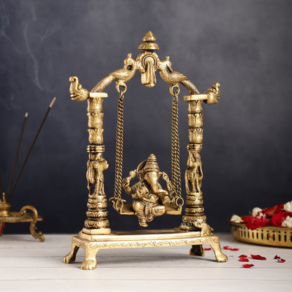 Superfine Brass Ganesha Swing with Engraved Pillars | Height 12 inch