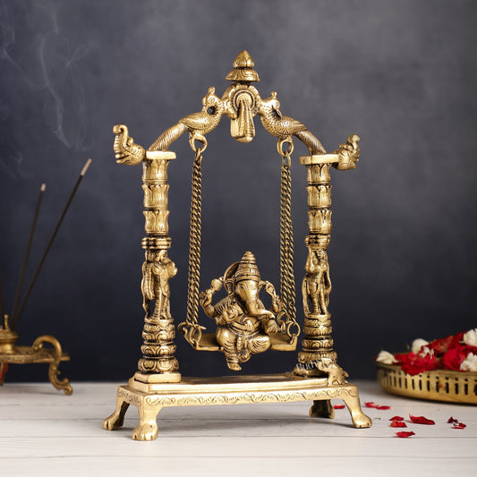 Superfine Brass Ganesha Swing with Engraved Pillars | Height 12 inch