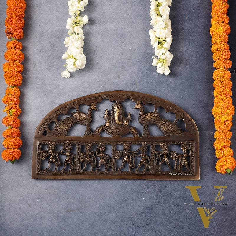 Superfine Brass Ganesha Wall Hanging with Peacocks and Tribal art - 13.5 inch wide