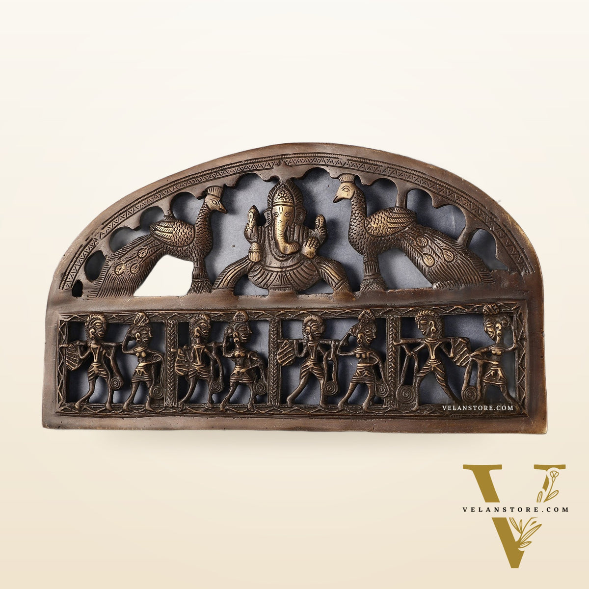 Superfine Brass Ganesha Wall Hanging with Peacocks and Tribal art - 13.5 inch wide