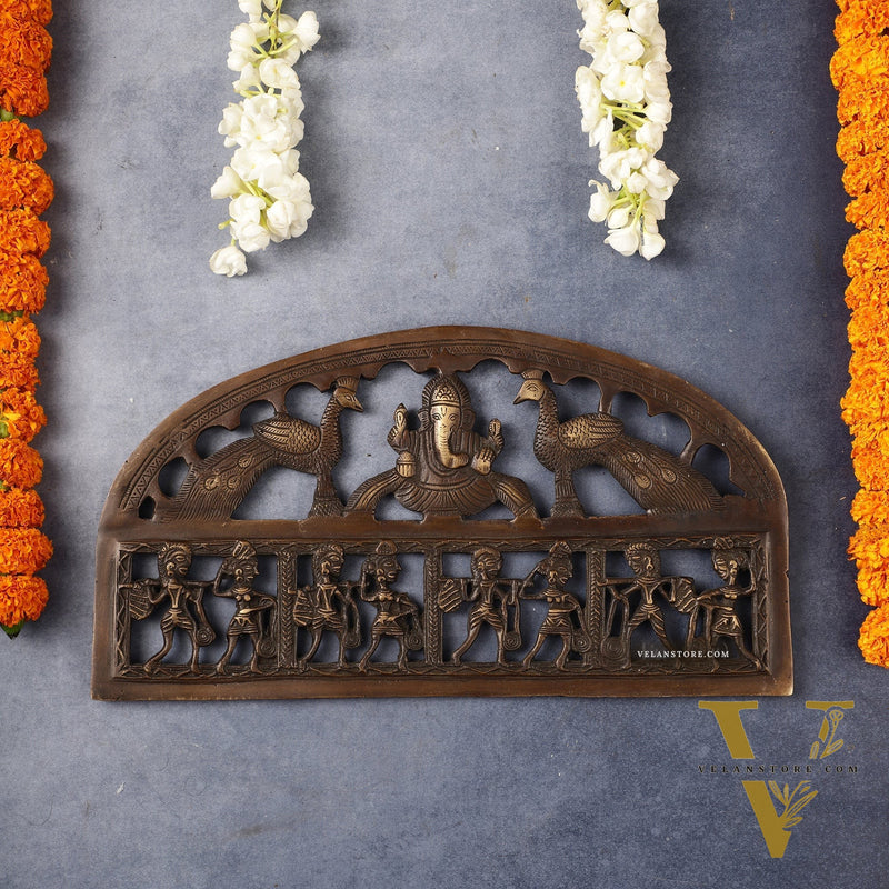 Superfine Brass Ganesha Wall Hanging with Peacocks and Tribal art - 13.5 inch wide