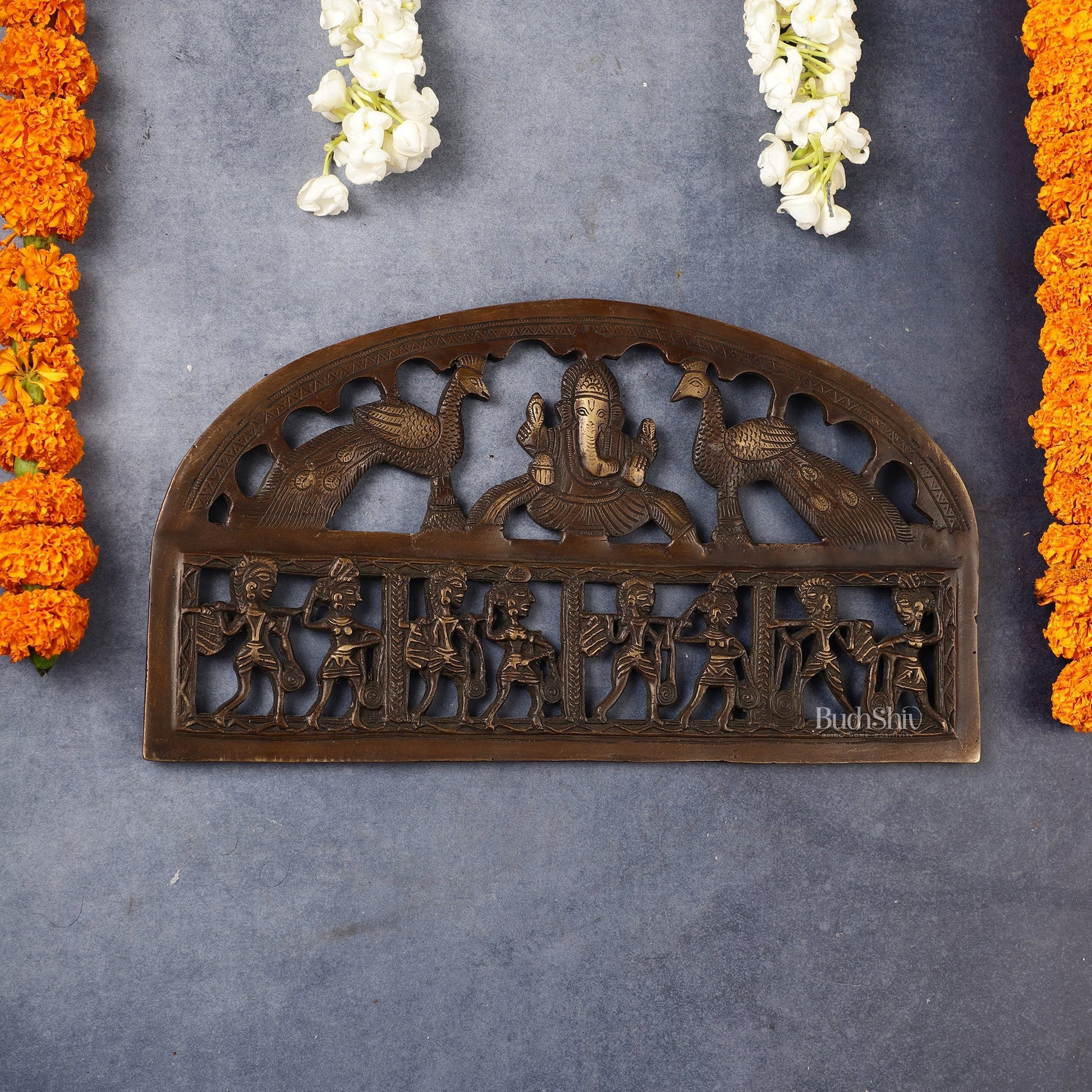 Superfine Brass Ganesha Wall Hanging with Peacocks and Tribal art - 13.5 inch wide