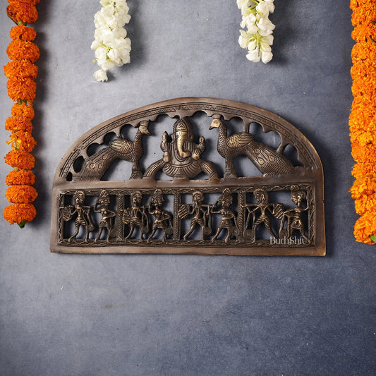 Superfine Brass Ganesha Wall Hanging with Peacocks and Tribal art - 13.5 inch wide