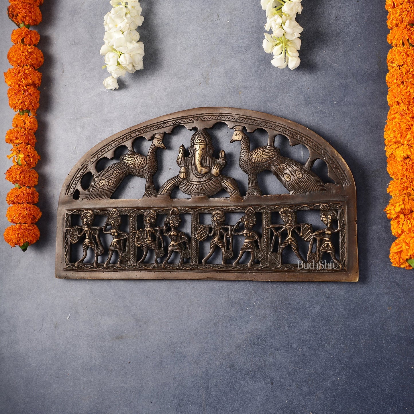 Superfine Brass Ganesha Wall Hanging with Peacocks and Tribal art - 13.5 inch wide