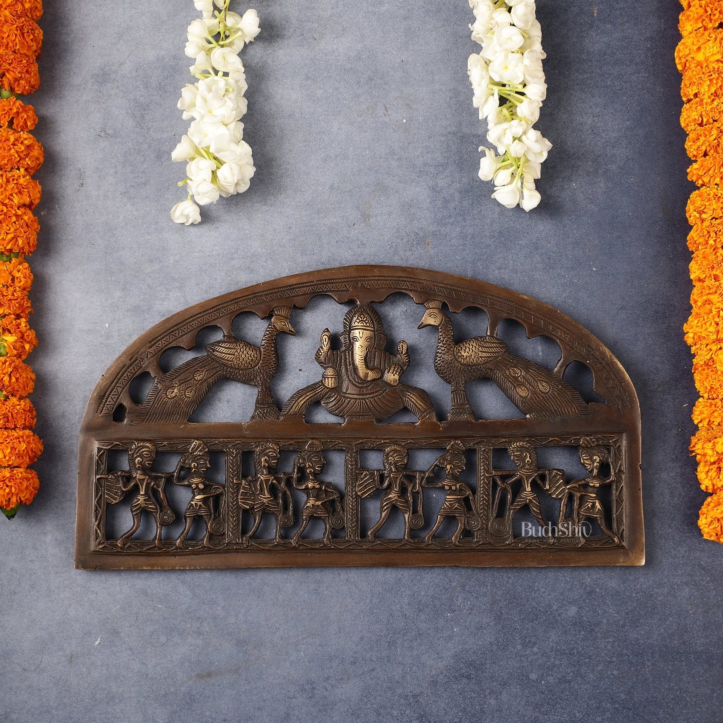 Superfine Brass Ganesha Wall Hanging with Peacocks and Tribal art - 13.5 inch wide