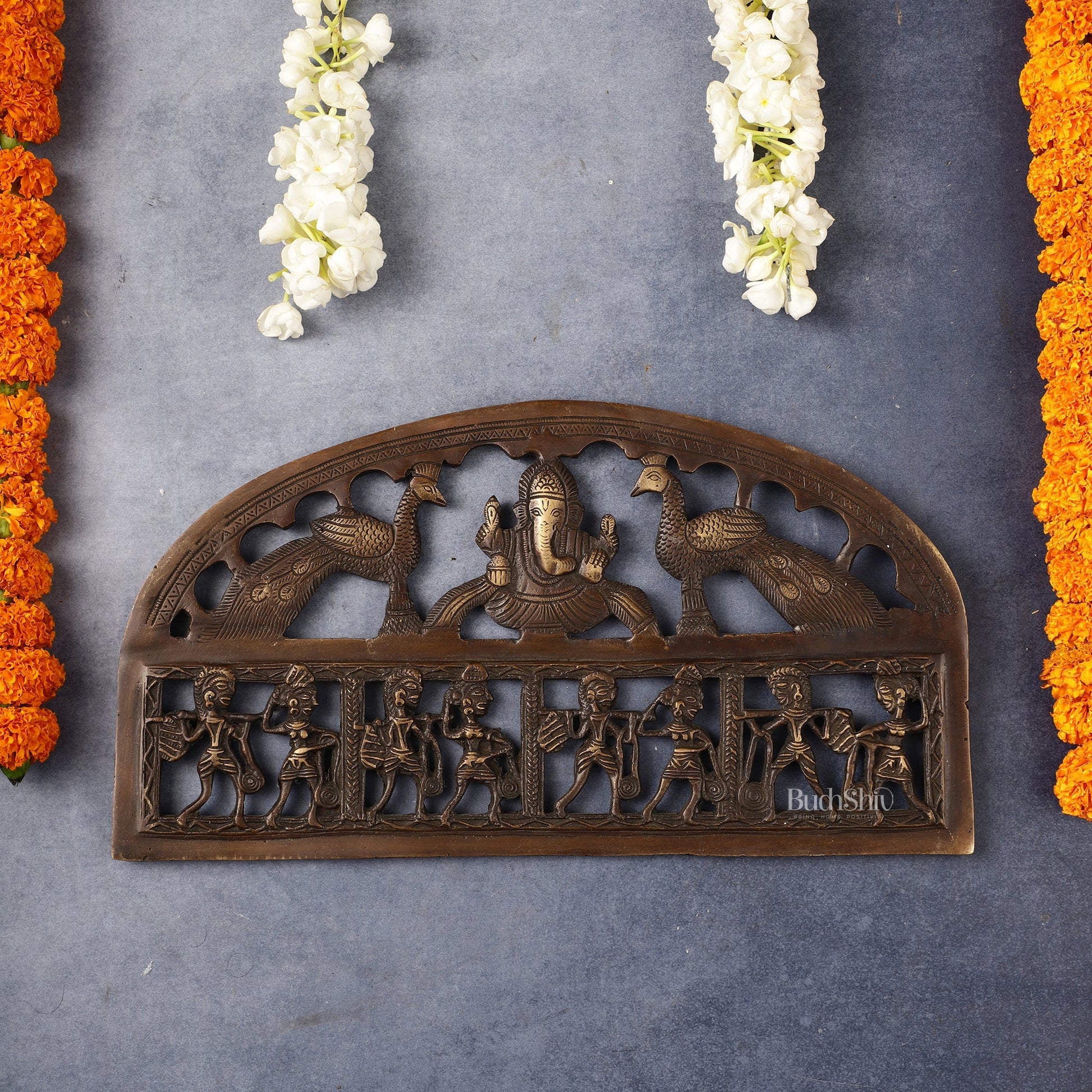 Superfine Brass Ganesha Wall Hanging with Peacocks and Tribal art - 13.5 inch wide