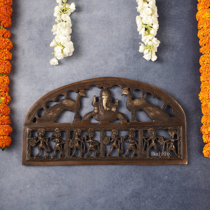 Superfine Brass Ganesha Wall Hanging with Peacocks and Tribal art - 13.5 inch wide
