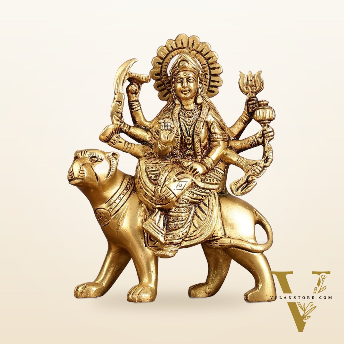 Superfine Brass Goddess Durga Seated on Tiger Idol - 5 Inch