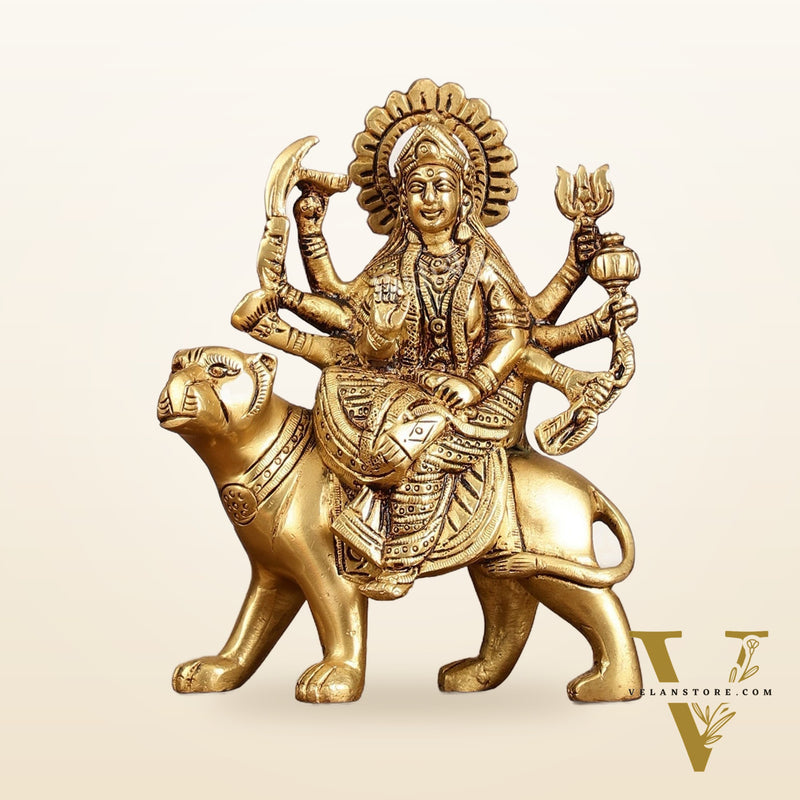 Superfine Brass Goddess Durga Seated on Tiger Idol - 5 Inch