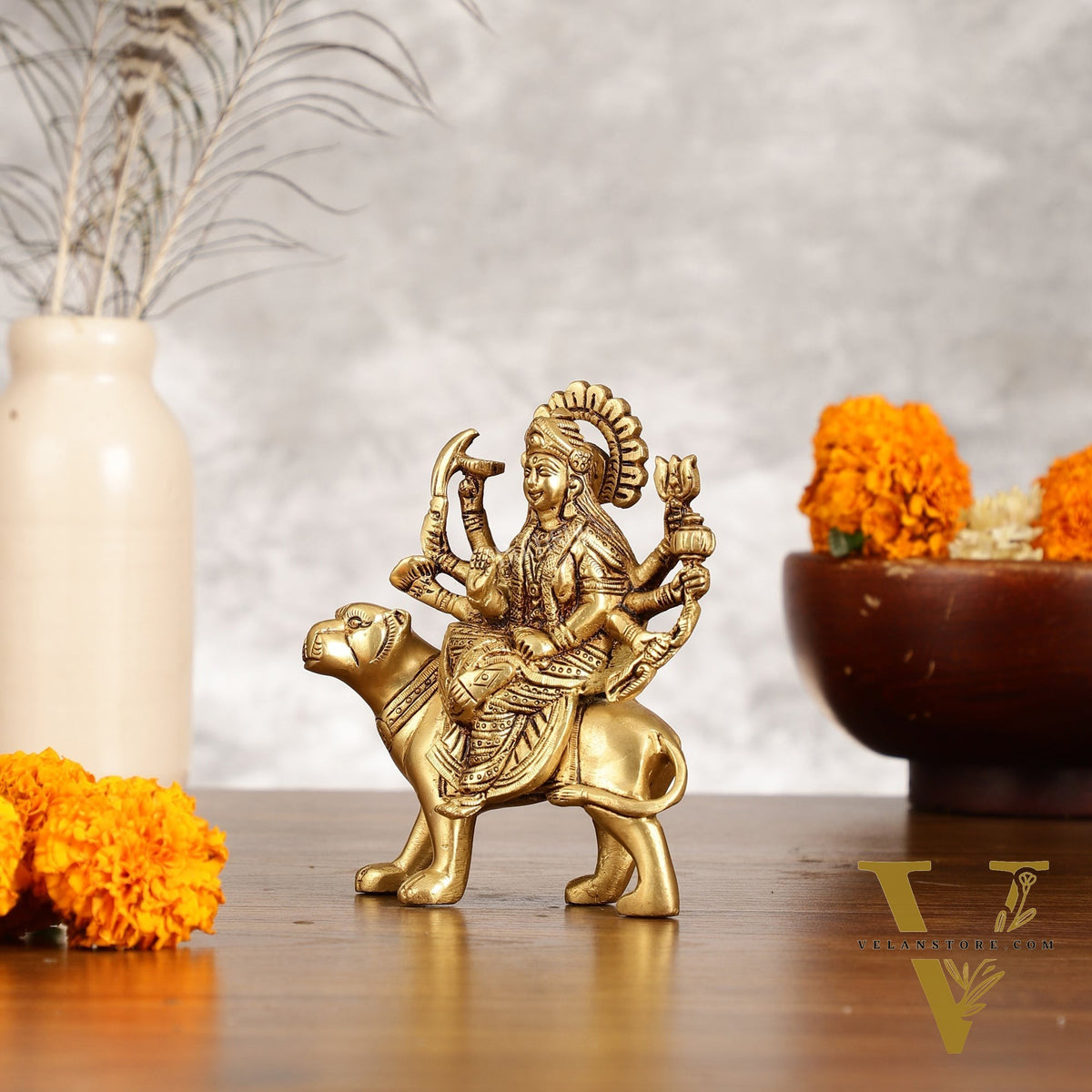 Superfine Brass Goddess Durga Seated on Tiger Idol - 5 Inch