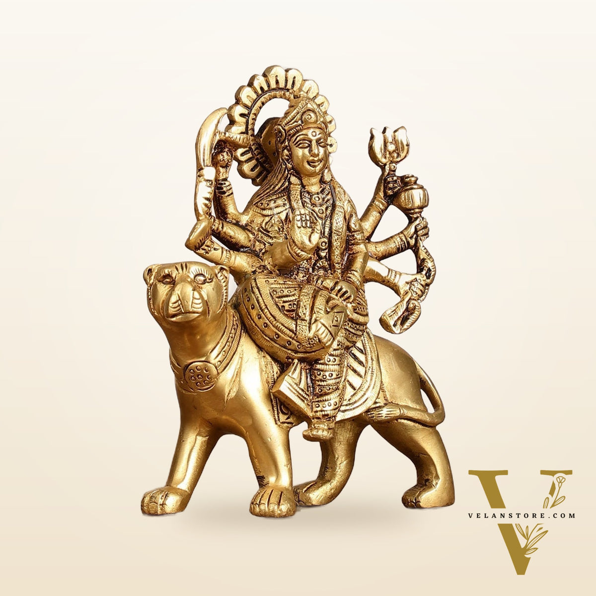 Superfine Brass Goddess Durga Seated on Tiger Idol - 5 Inch