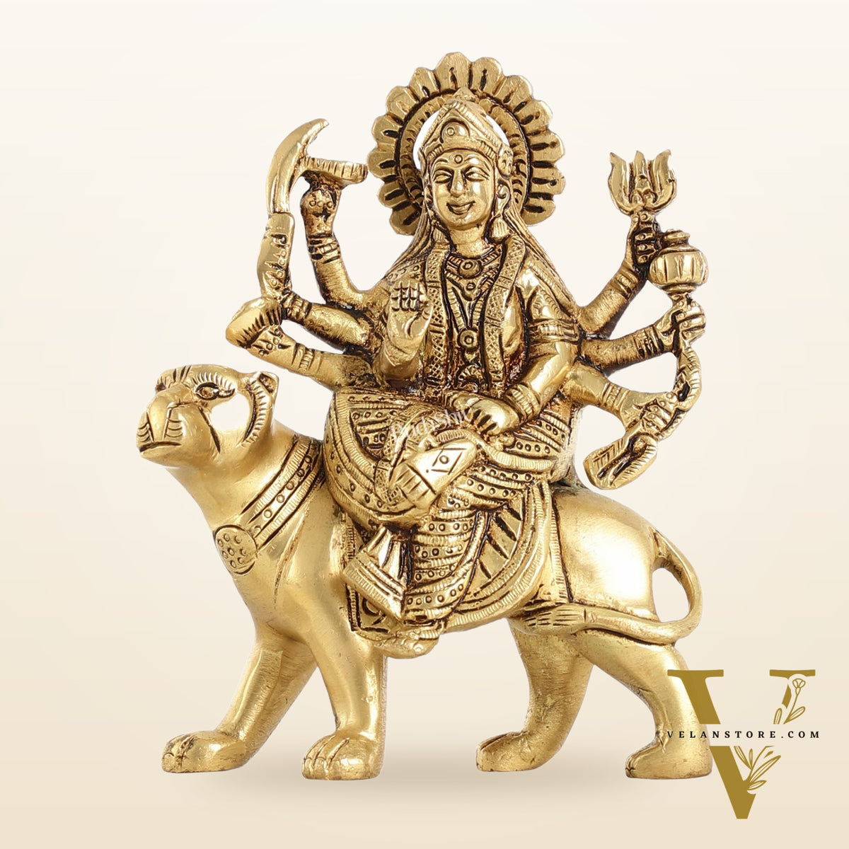 Superfine Brass Goddess Durga Seated on Tiger Idol - 5 Inch
