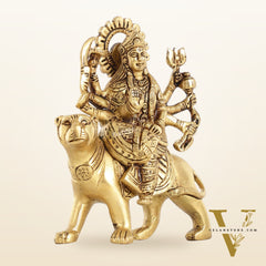 Superfine Brass Goddess Durga Seated on Tiger Idol - 5 Inch