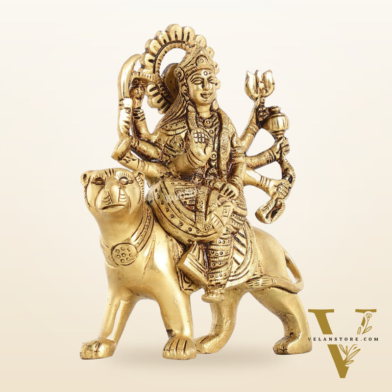 Superfine Brass Goddess Durga Seated on Tiger Idol - 5 Inch