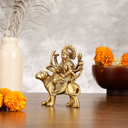 Superfine Brass Goddess Durga Seated on Tiger Idol - 5 Inch