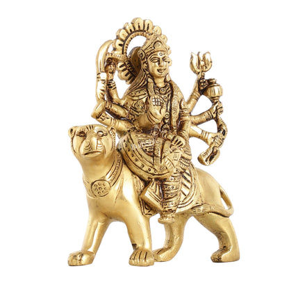 Superfine Brass Goddess Durga Seated on Tiger Idol - 5 Inch