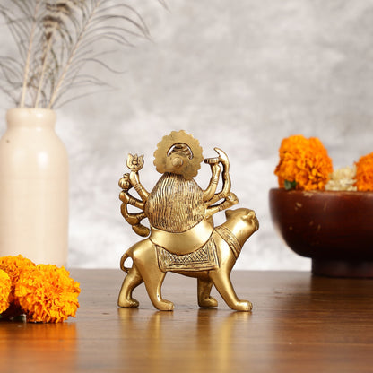 Superfine Brass Goddess Durga Seated on Tiger Idol - 5 Inch