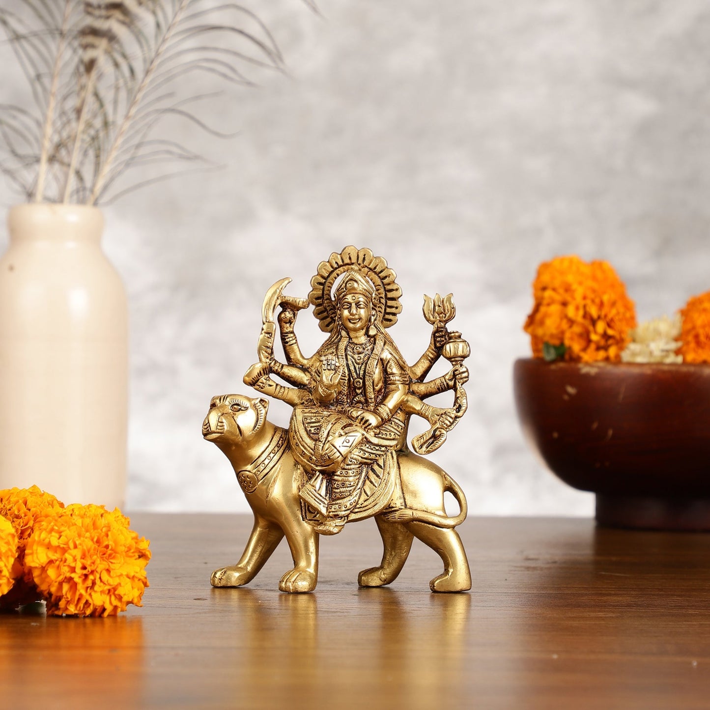 Superfine Brass Goddess Durga Seated on Tiger Idol - 5 Inch