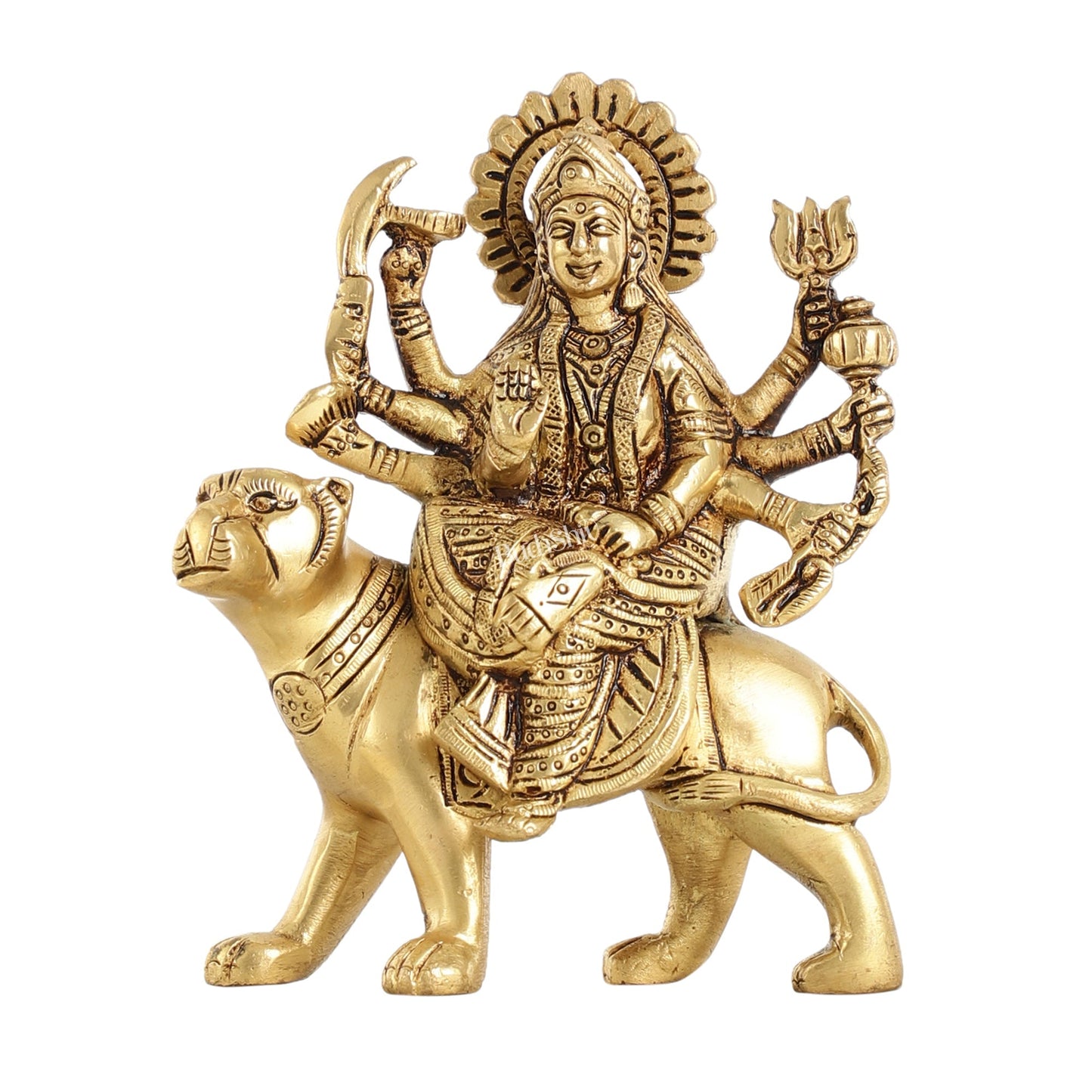Superfine Brass Goddess Durga Seated on Tiger Idol - 5 Inch