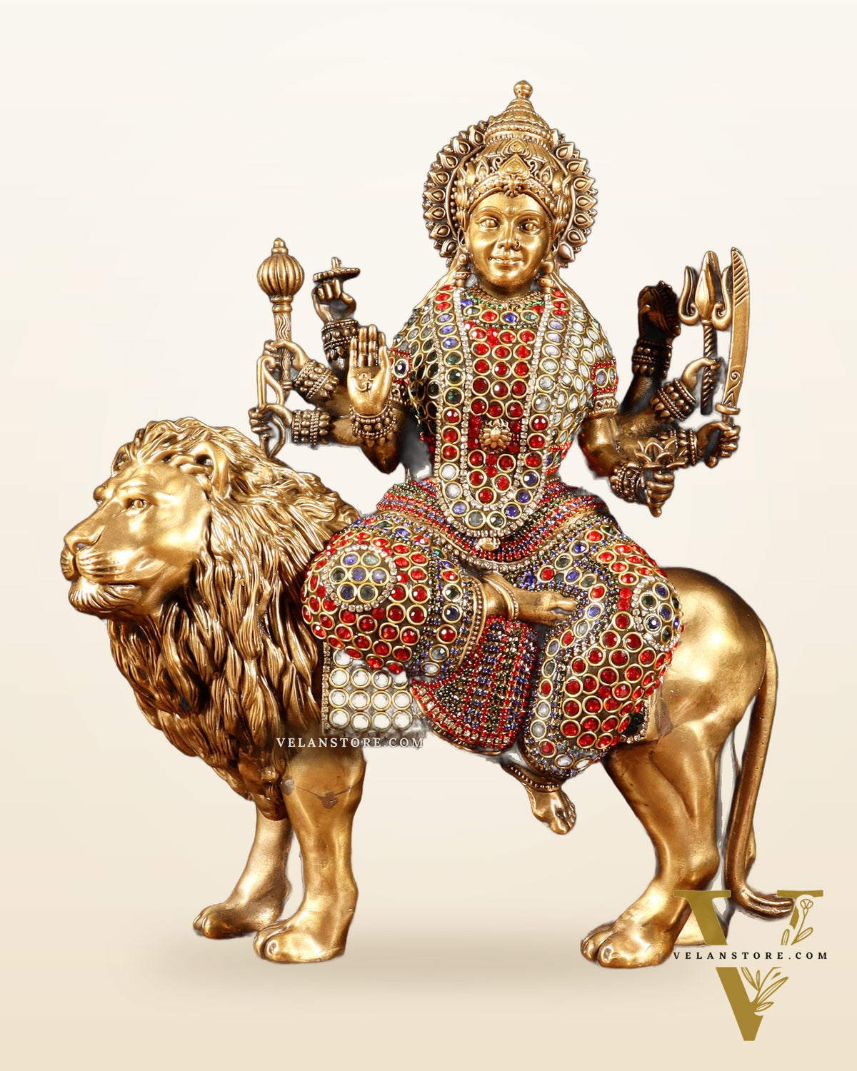 Superfine Brass Goddess Durga Sherawali Mata Idol 12" with jewellers meenakari