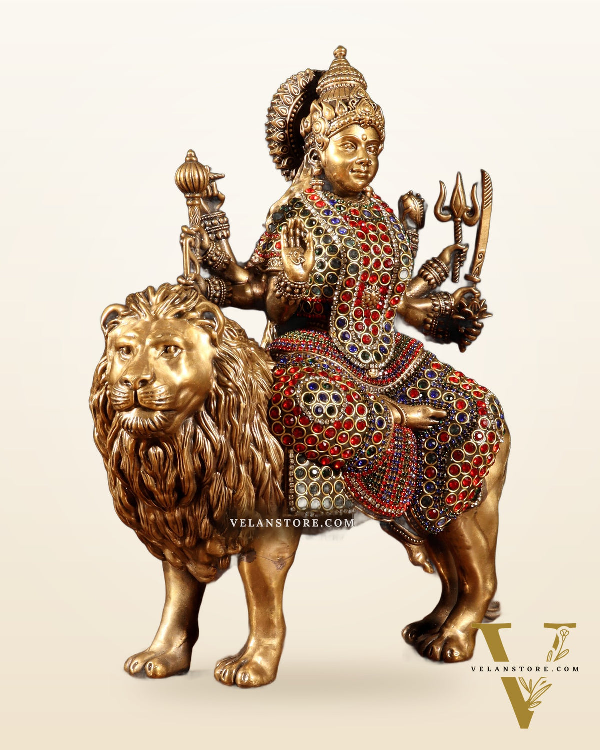 Superfine Brass Goddess Durga Sherawali Mata Idol 12" with jewellers meenakari