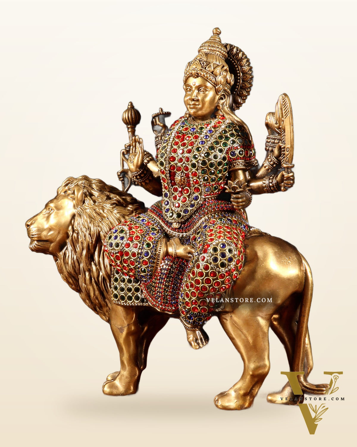 Superfine Brass Goddess Durga Sherawali Mata Idol 12" with jewellers meenakari