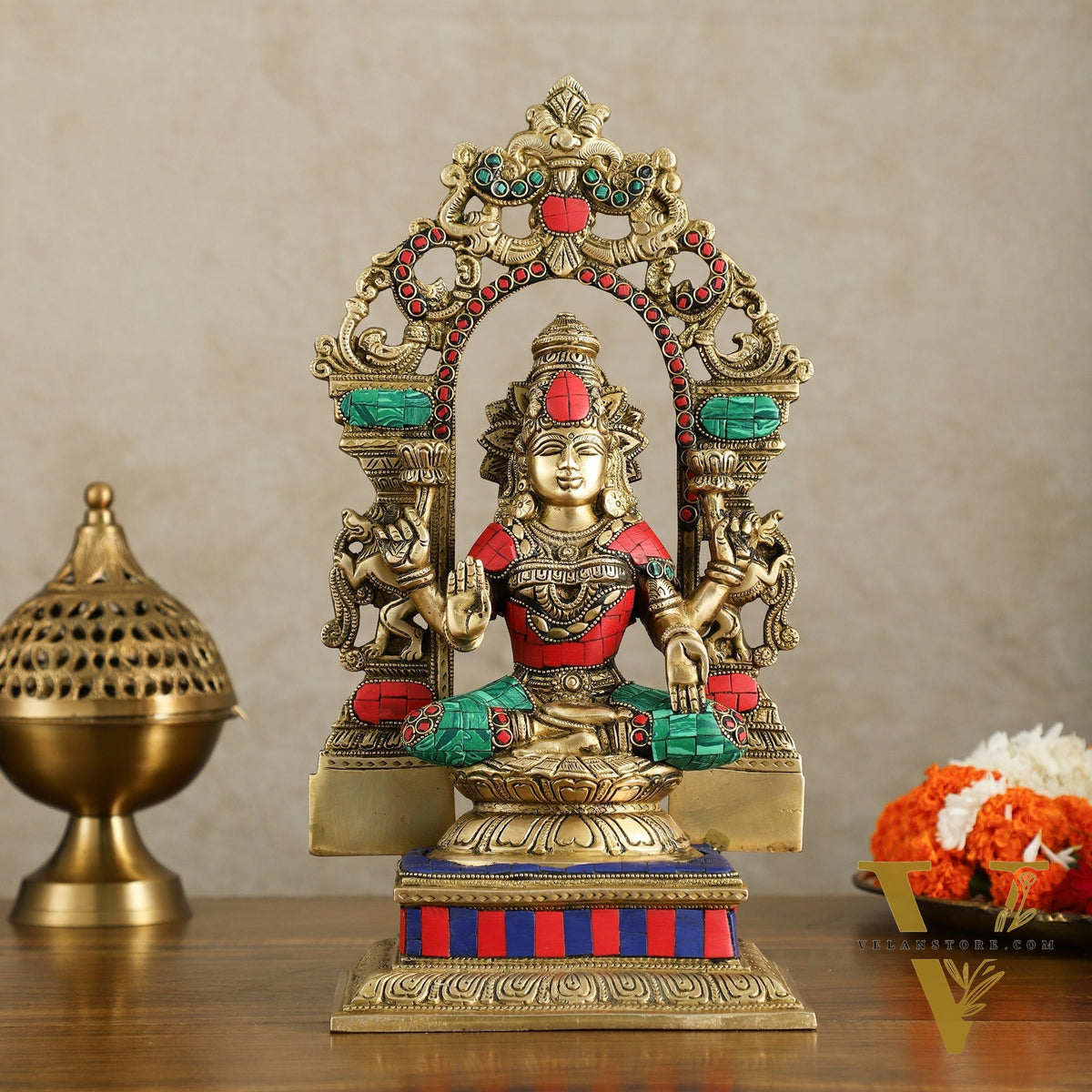 Superfine Brass Goddess Lakshmi Idol with arch Meenakari Stonework- 12 inch