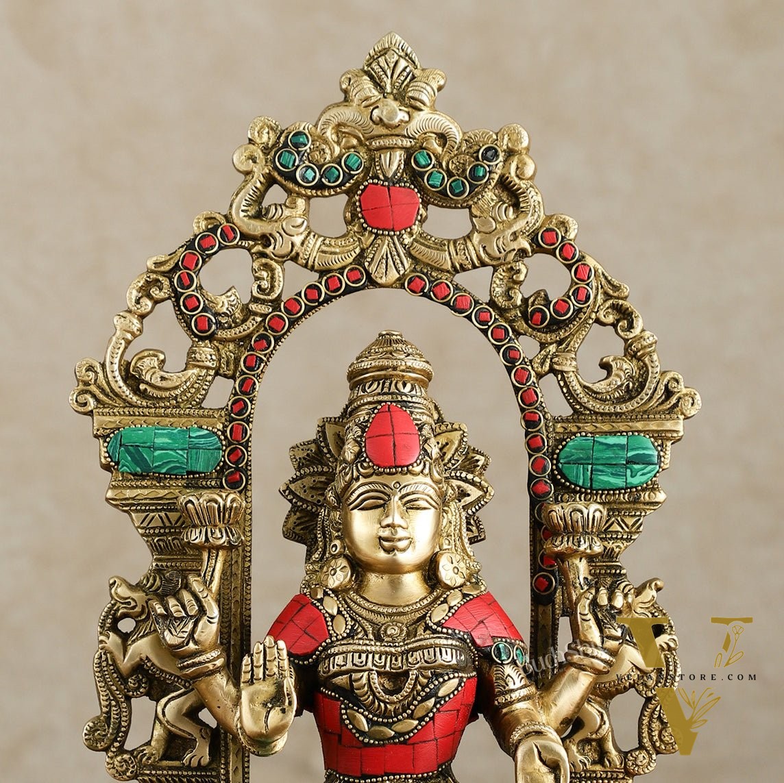 Superfine Brass Goddess Lakshmi Idol with arch Meenakari Stonework- 12 inch