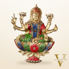 Superfine Brass goddess Lakshmi Seated on a Lotus Wall Hanging Stonework - 12 inch