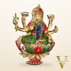 Superfine Brass goddess Lakshmi Seated on a Lotus Wall Hanging Stonework - 12 inch
