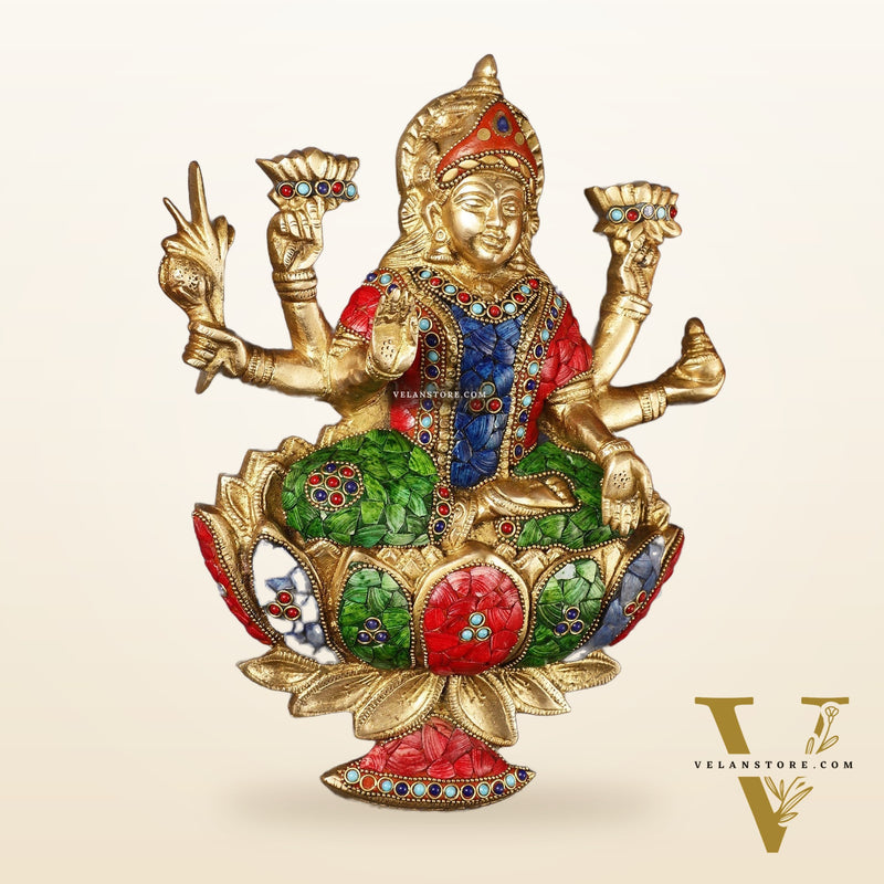 Superfine Brass goddess Lakshmi Seated on a Lotus Wall Hanging Stonework - 12 inch