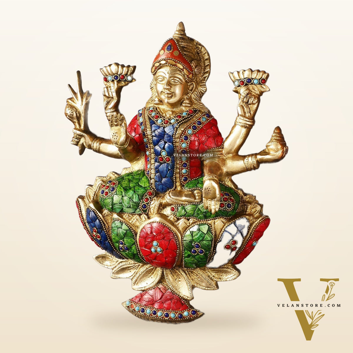 Superfine Brass goddess Lakshmi Seated on a Lotus Wall Hanging Stonework - 12 inch