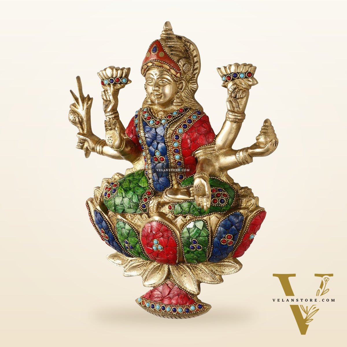 Superfine Brass goddess Lakshmi Seated on a Lotus Wall Hanging Stonework - 12 inch