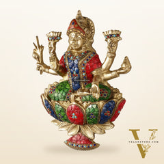 Superfine Brass goddess Lakshmi Seated on a Lotus Wall Hanging Stonework - 12 inch