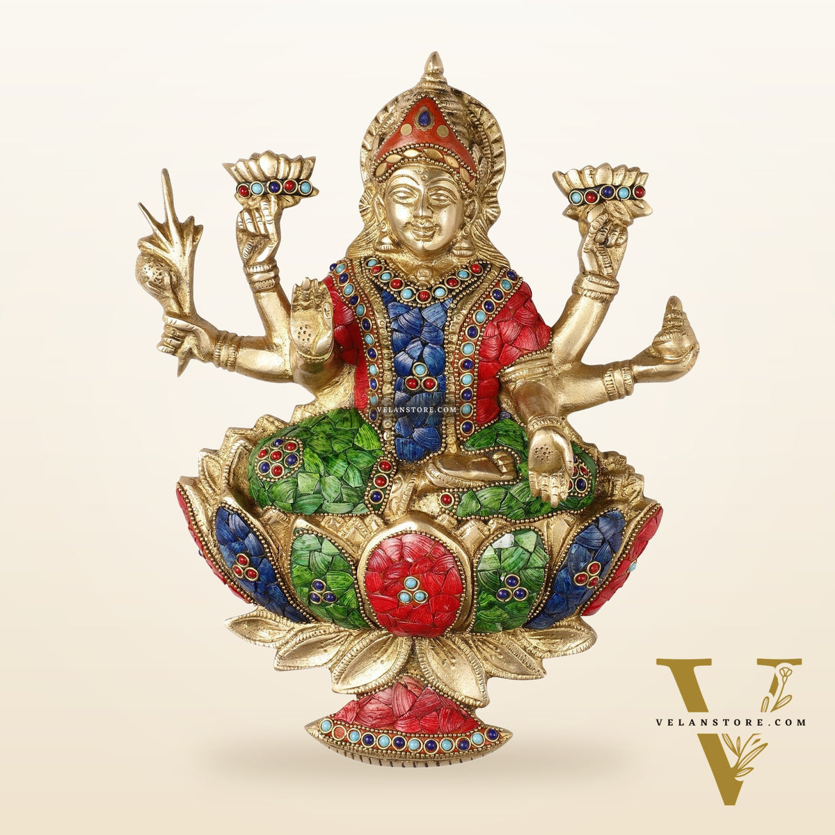 Superfine Brass goddess Lakshmi Seated on a Lotus Wall Hanging Stonework - 12 inch
